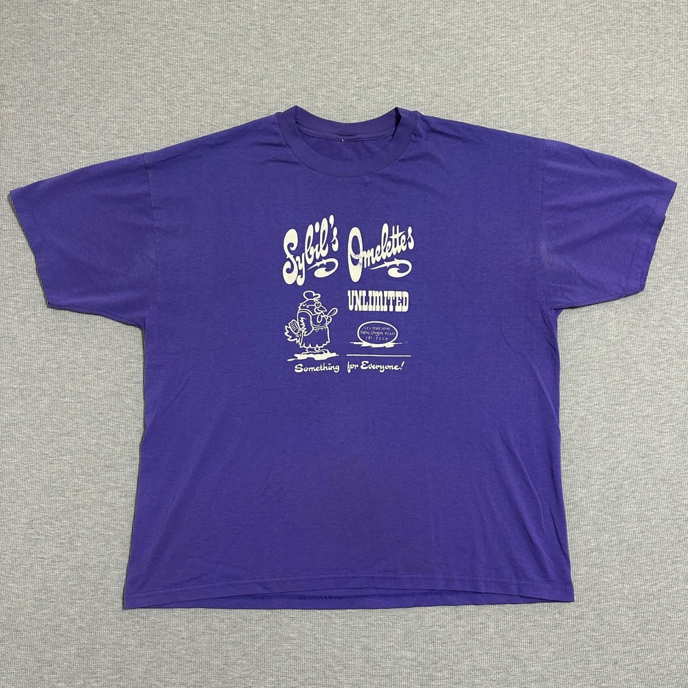 Vintage Sybils Omelettes Unlimited Salem Oregon Purple Graphic T-Shirt Mens 2XL